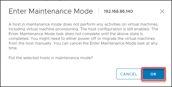 Confirming entering the maintenance mode