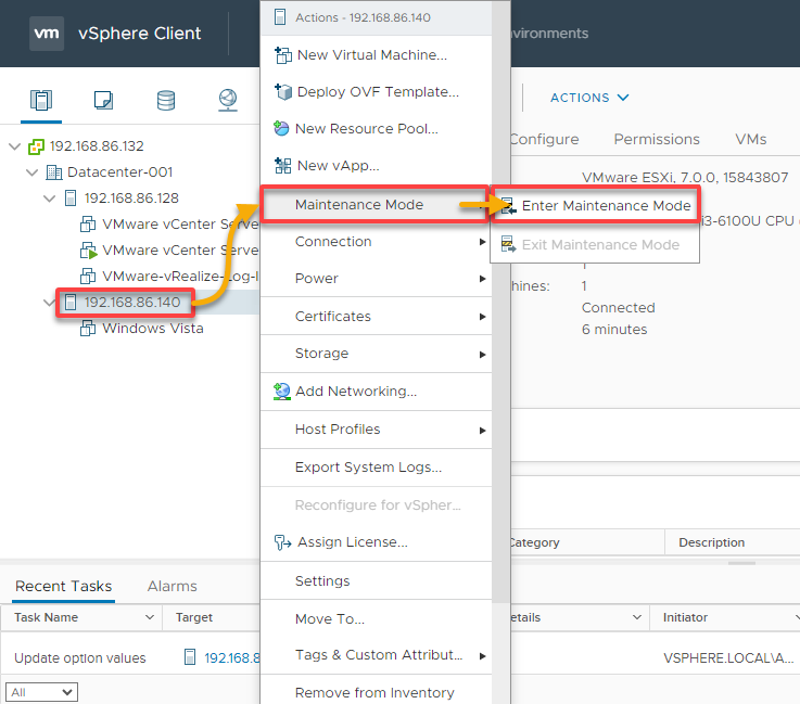 Putting ESXi Host into maintenance mode