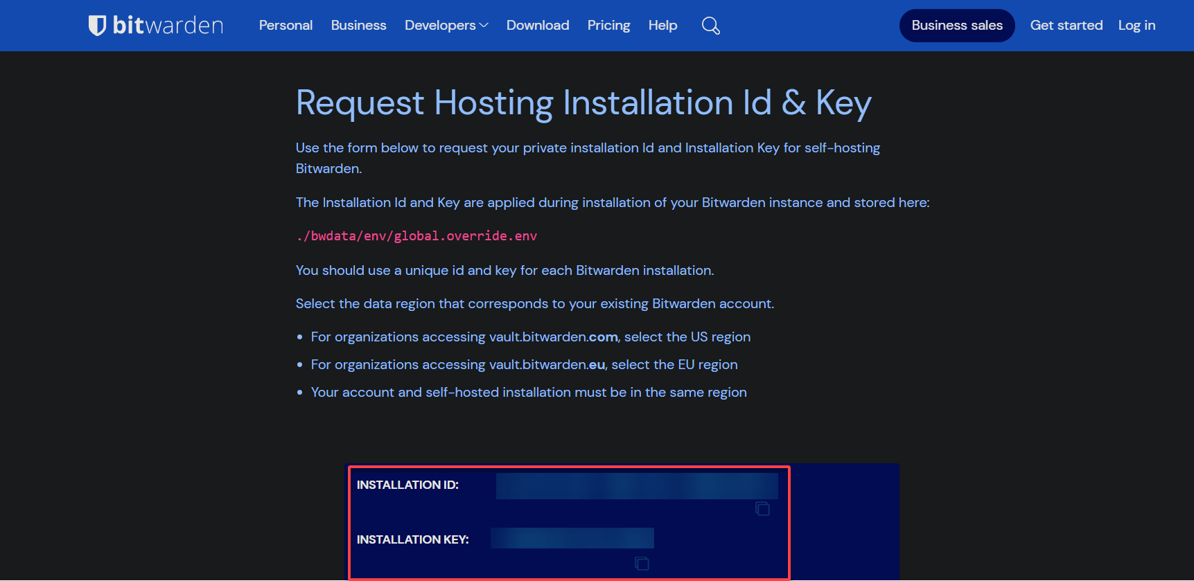 Copying the installation ID and key