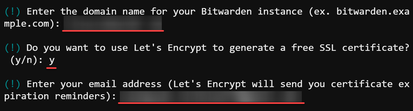 Specifying the domain name, generating an SSL certificate, and providing an email address