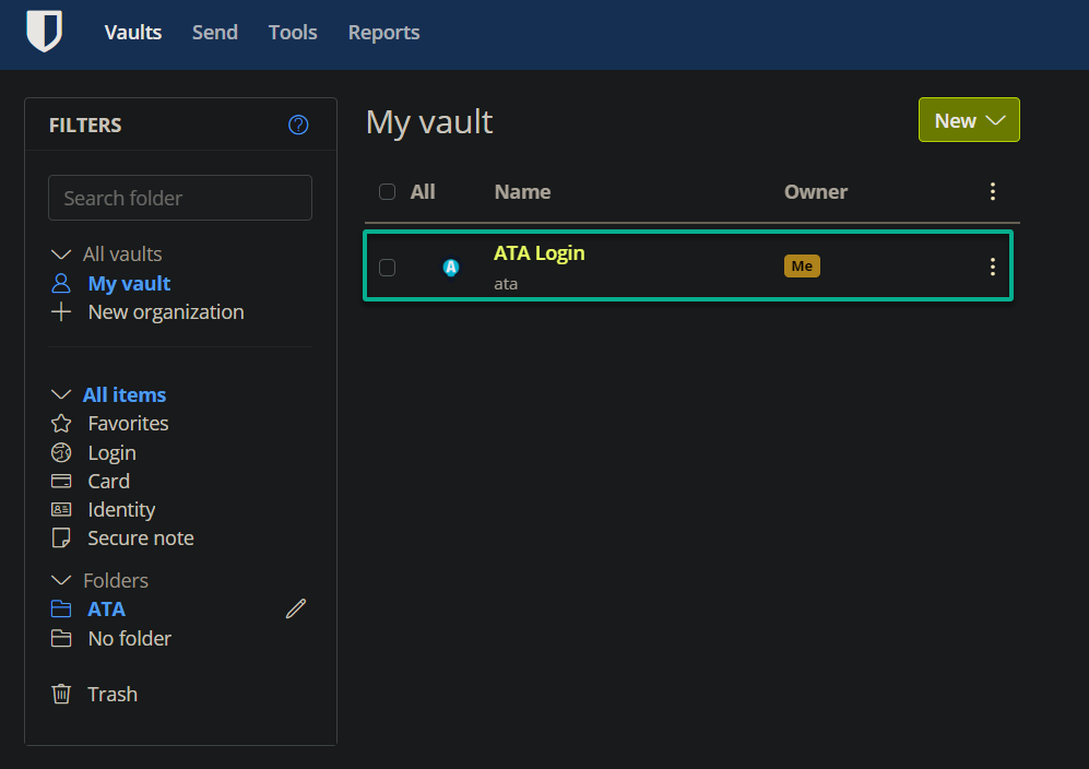 Verifying the added item (ATA Login) in the Bitwarden vault