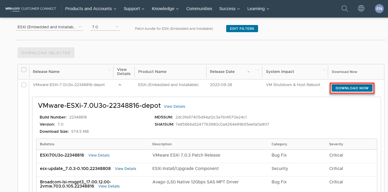 Downloading the ESXi host patch file