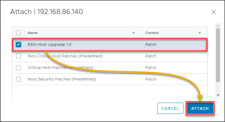 Selecting a baseline to attach to the ESXi host