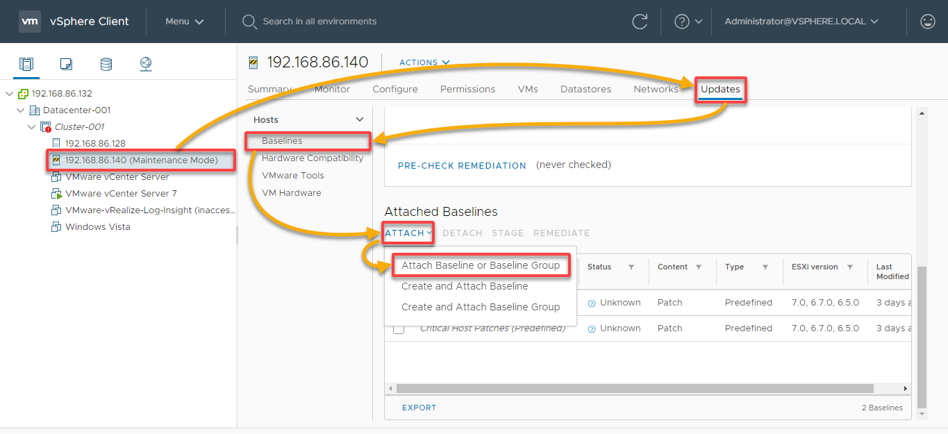 Attaching the newly created baseline to the ESXi host