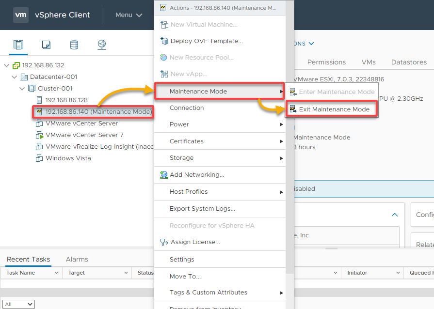 Exiting the ESXi host from maintenance mode