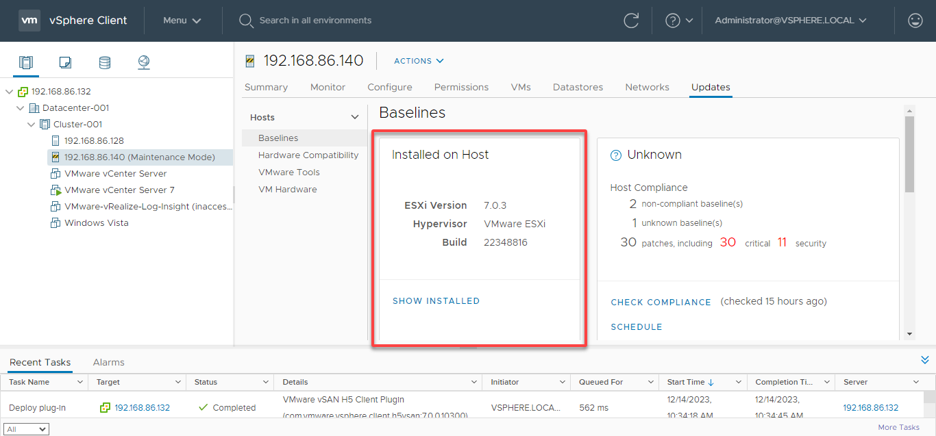 Confirming the build numbers of the updated ESXi host