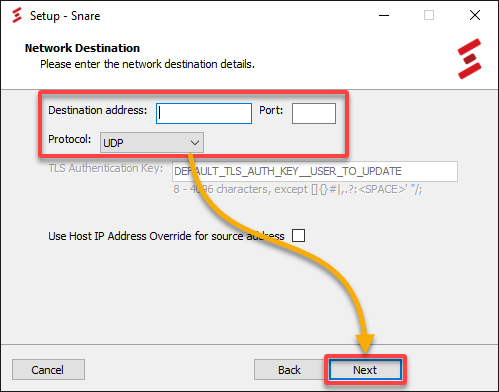 Configuring the network destination for the Snare Syslog Agent