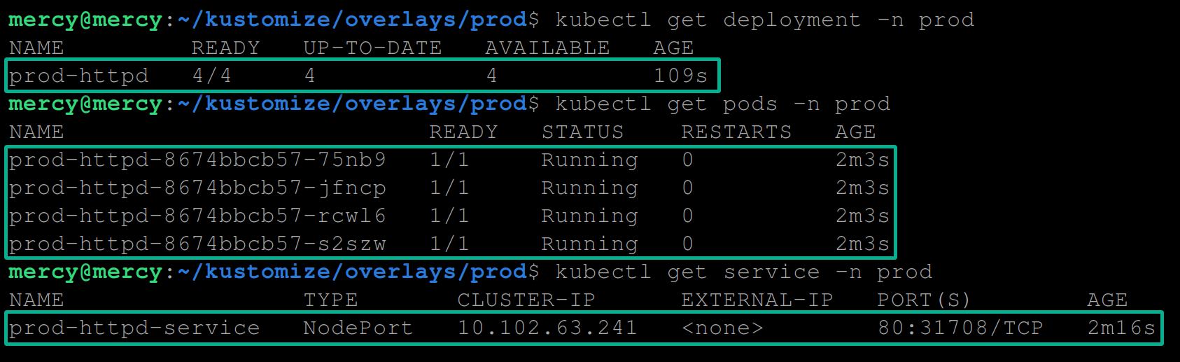 Verifying deployment, pods, and service for the production environment