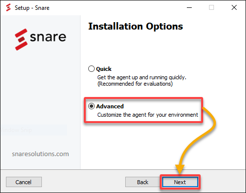 Choosing the advanced Snare Syslog Agent installation options