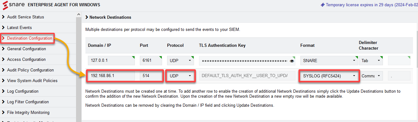 Configuring the destination syslog server 