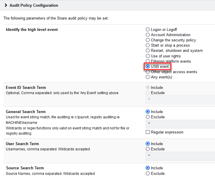 Specifying the log events type