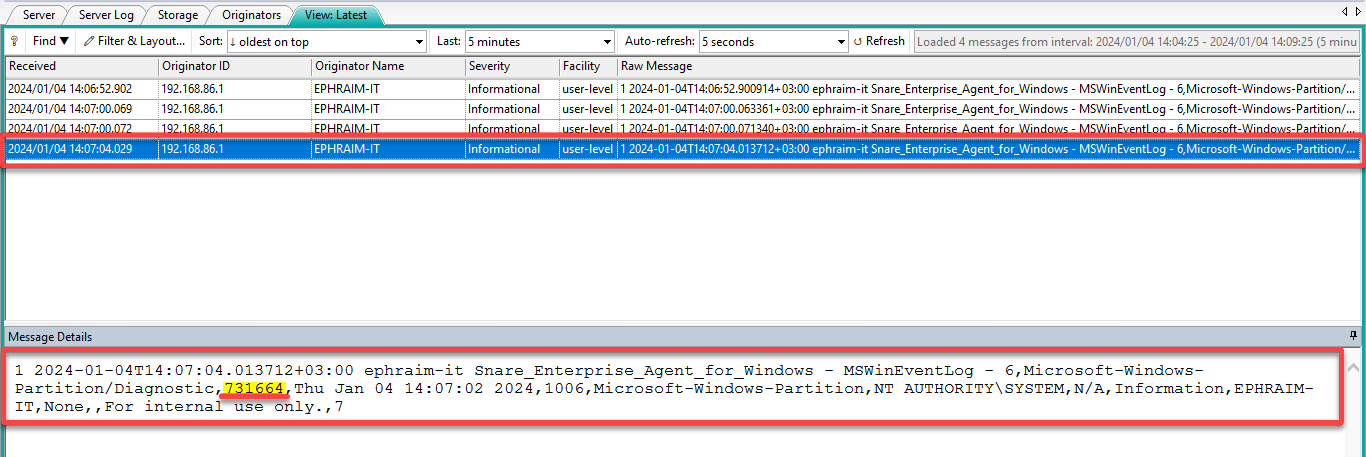 Confirming the forwarded log to the Syslog Server from the Snare Syslog Agent 