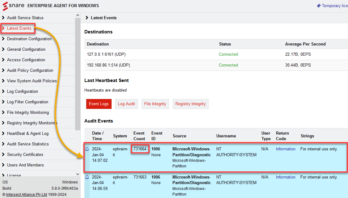 Viewing a log captured in the Snare Syslog Agent