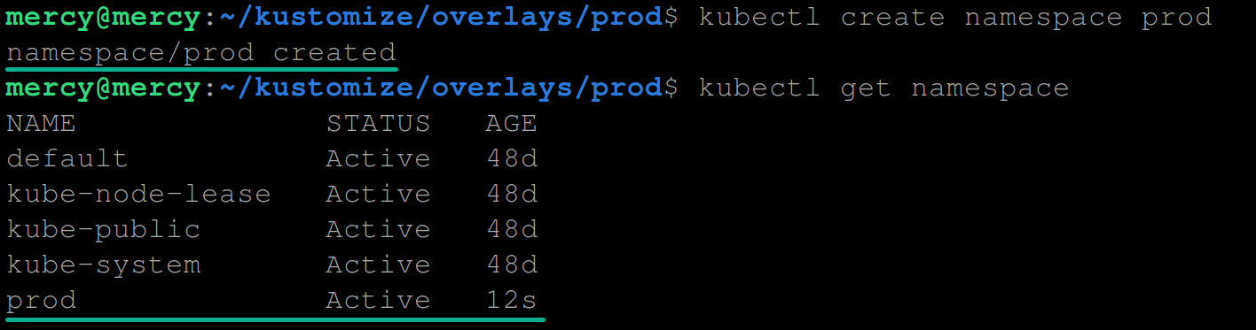 Creating a namespace called prod