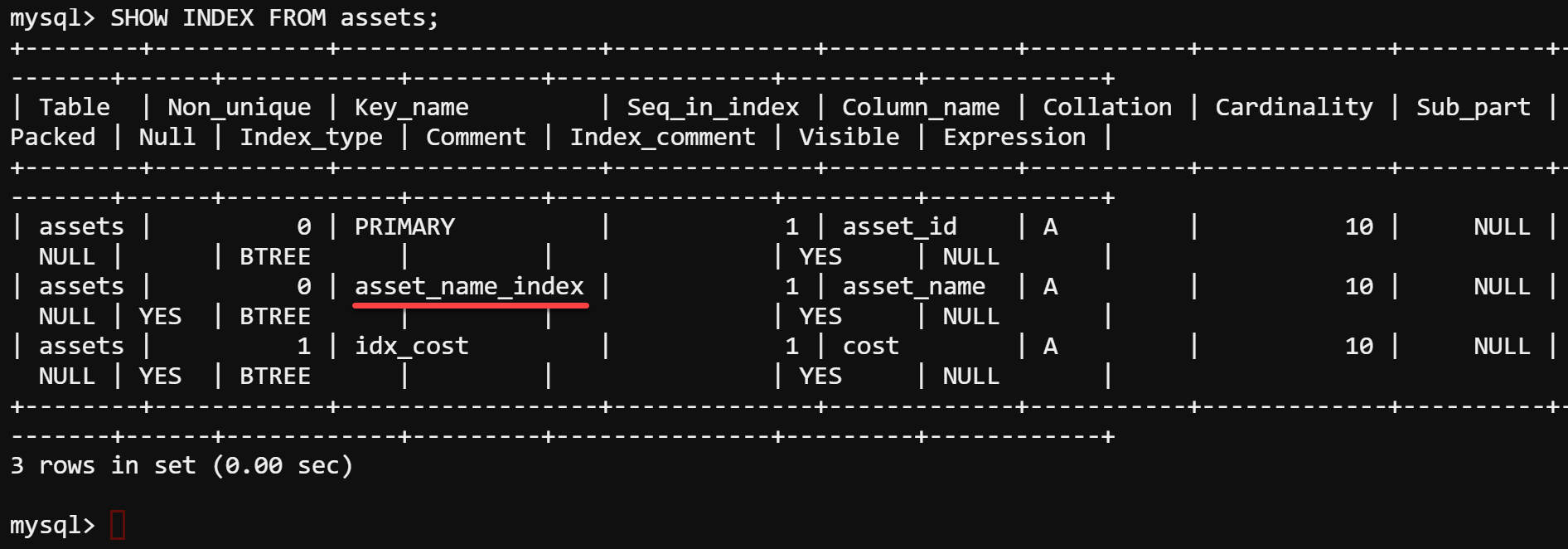 Listing all indexes from the assets table