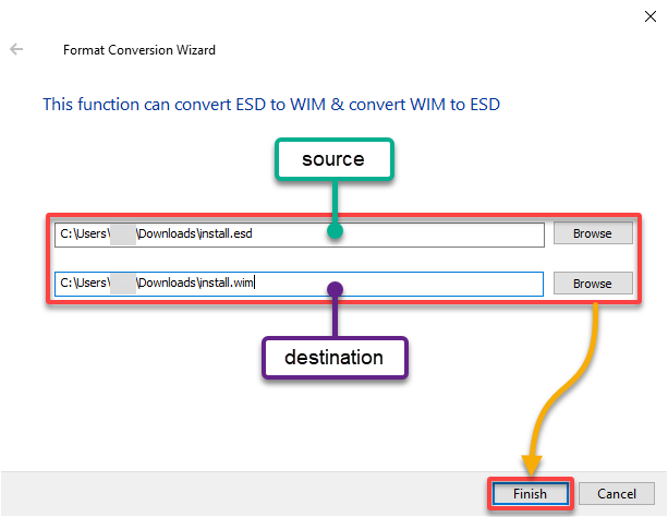 Locating the source ESD file and providing a destination for the WIM file
