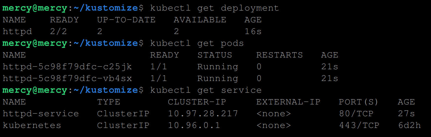 Verifying deployment, pod, and service