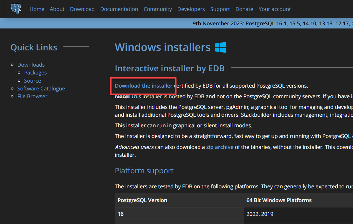 Downloading the latest PostgreSQL installer for Windows