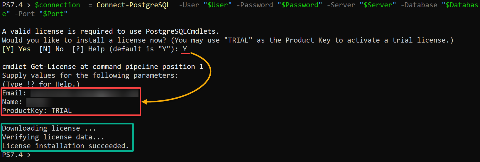 Connecting to the PostgreSQL server and activating a trial