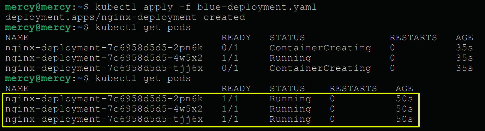 Creating deployment and verifying the status of pods in Kubernetes 