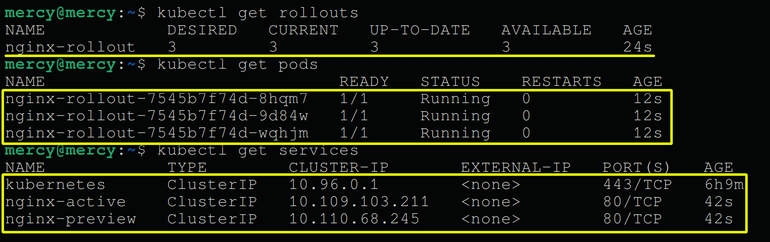 Viewing rollouts, pods, and services