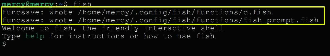Accessing the fish shell to verify the configurations persist across sessions