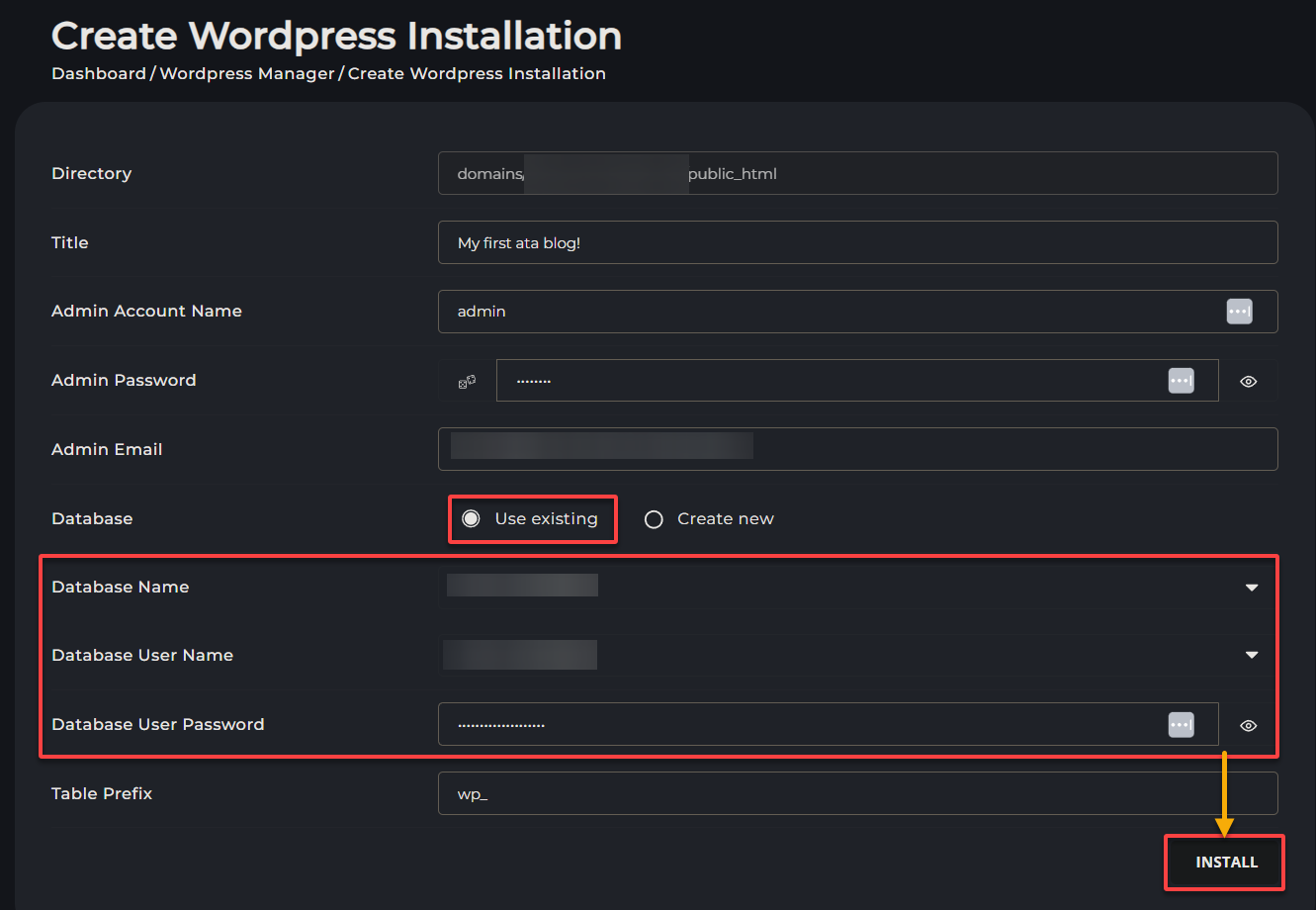 Setting database credentials and installing WordPress