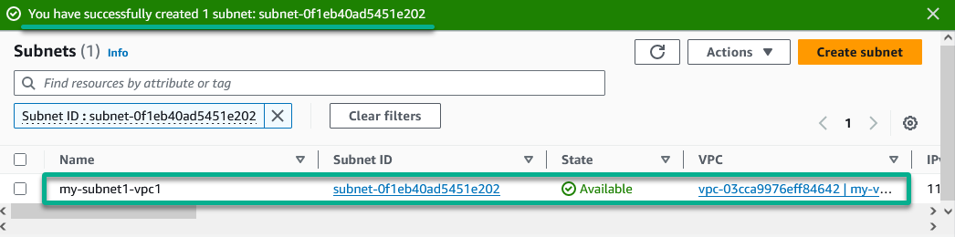 Viewing subnet creation success message