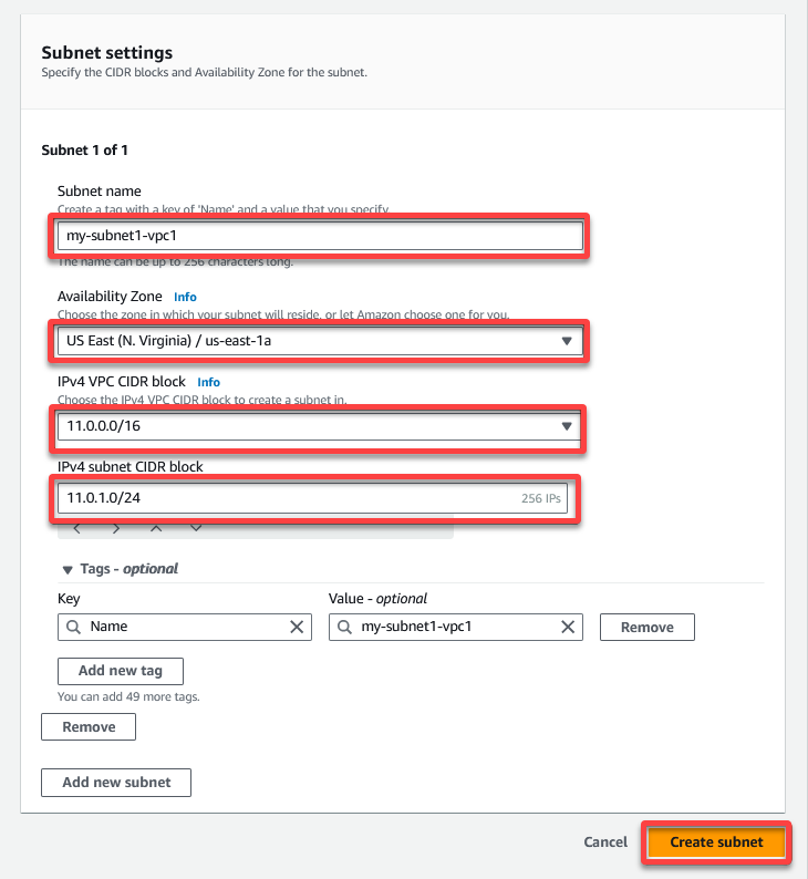 Creating a subnet for the selected VPC