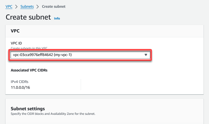 Choosing a VPC ID to create a Subnet