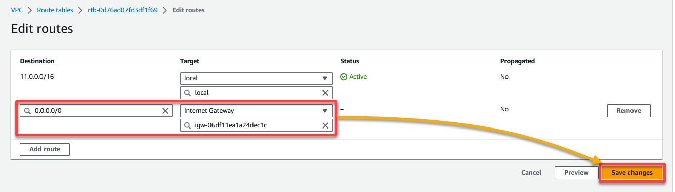 Adding a new route associated with the Internet Gateway 