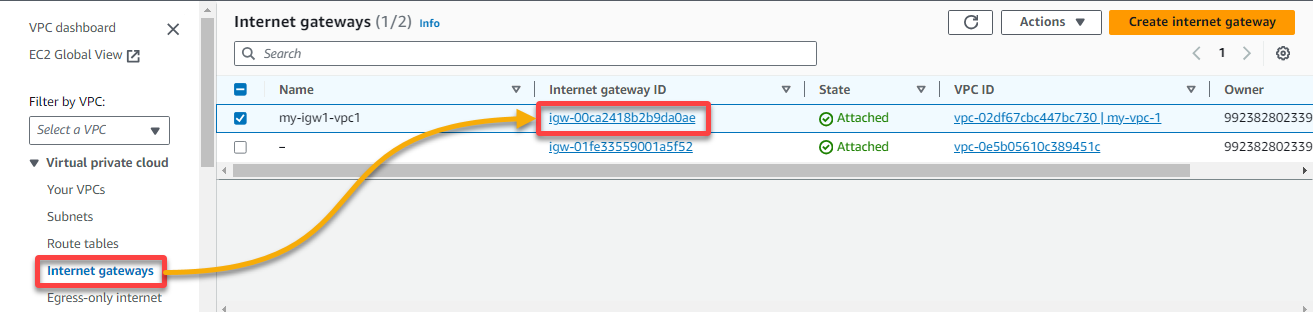 Selecting a newly created internet gateway