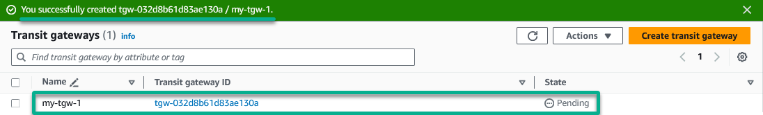 Confirming the successful Transit Gateway creation