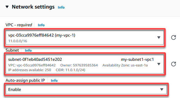 Selecting VPC and the associated subnet