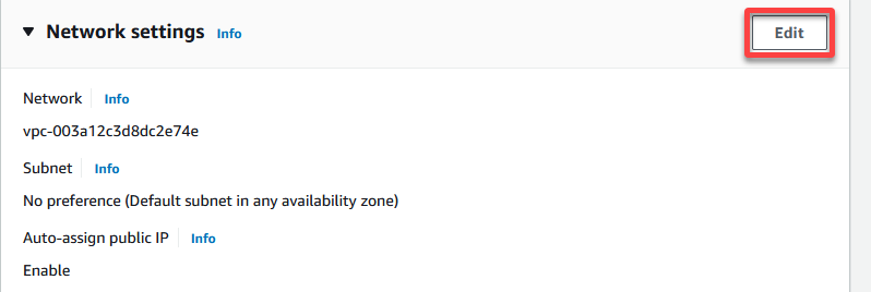 Editing the network settings for the EC2 instance