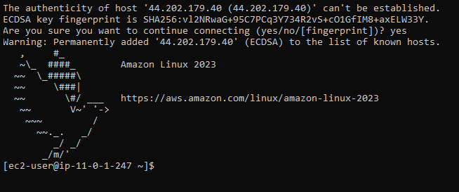 Verifying successful SSH connection to the EC2 instance