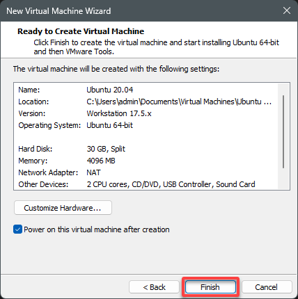 Finishing the VM creation