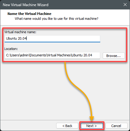 Providing a VM name and storage path