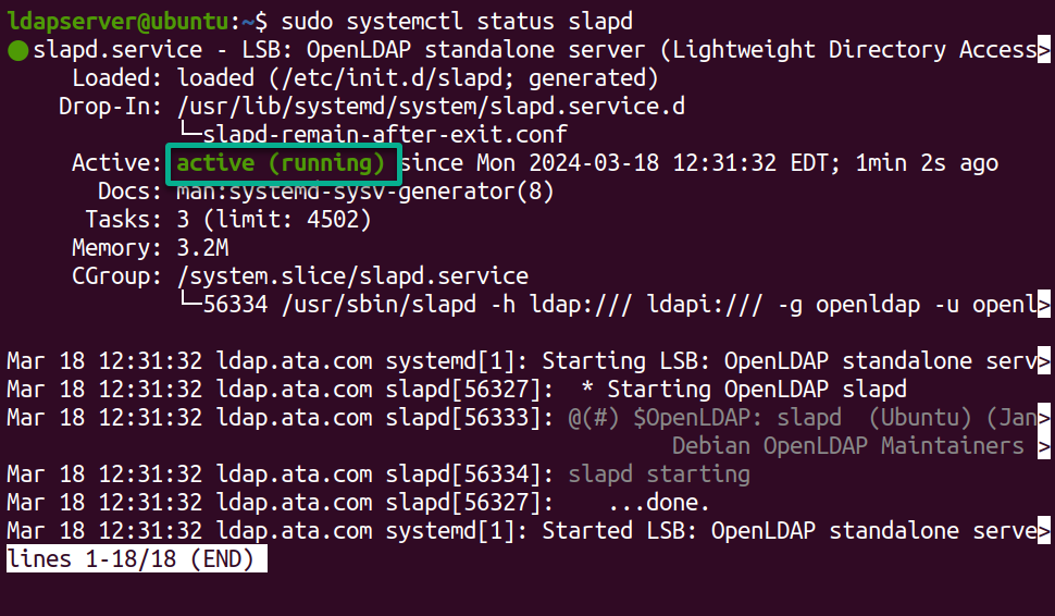 Confirming the OpenLDAP server is active and running