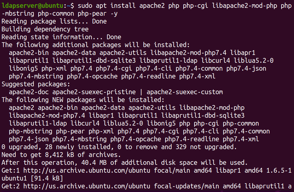 Installing Apache web server and essential PHP modules 