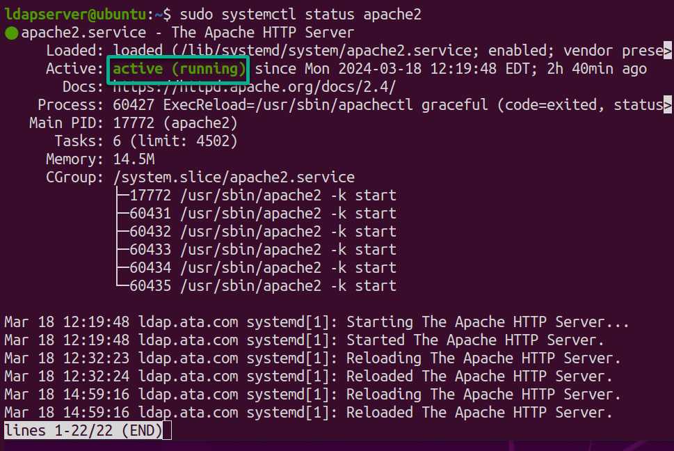 Checking the status of the Apache service