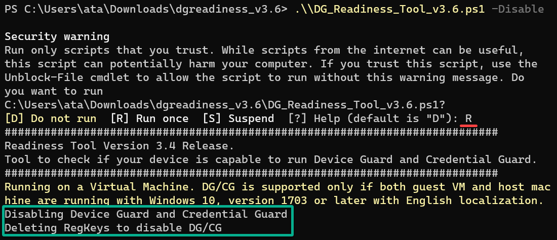 Executing the script for disabling Device Guard or Credential Guard