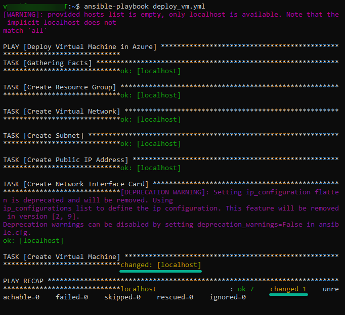 Executing the playbook to provision various resources in Azure