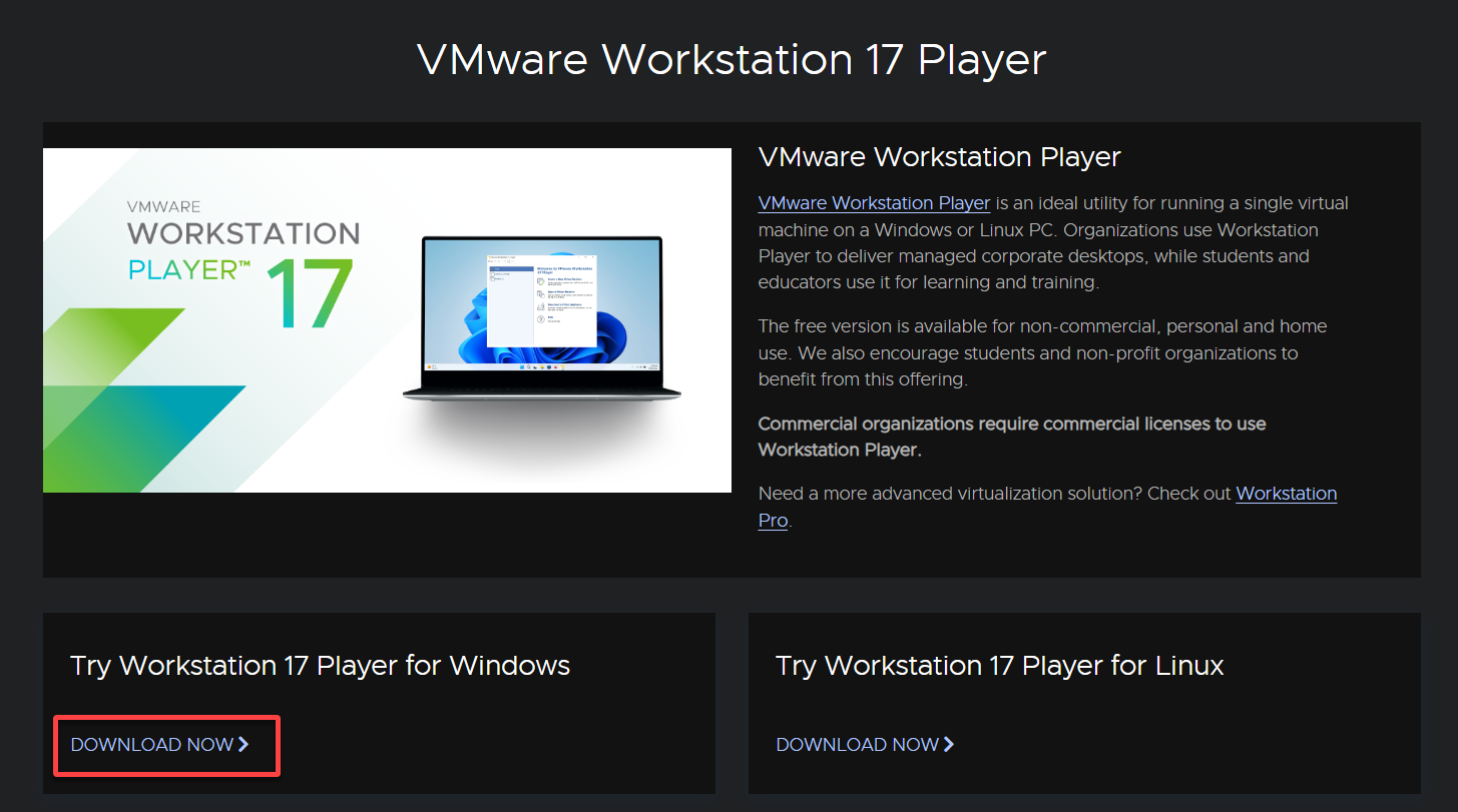 Initiating downloading the VMware Workstation Player installer package