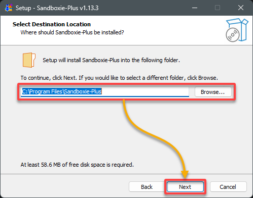 Choosing the destination folder for Sandboxie-Plus