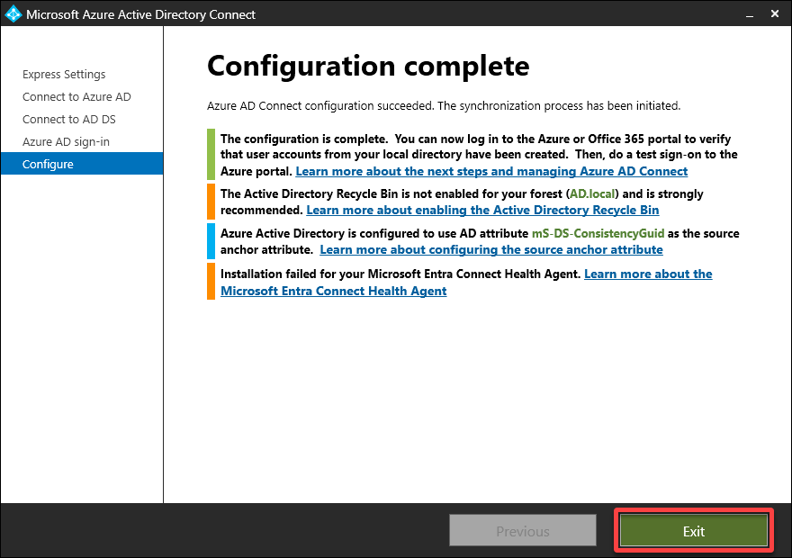 Completing the Azure AD Connect installation