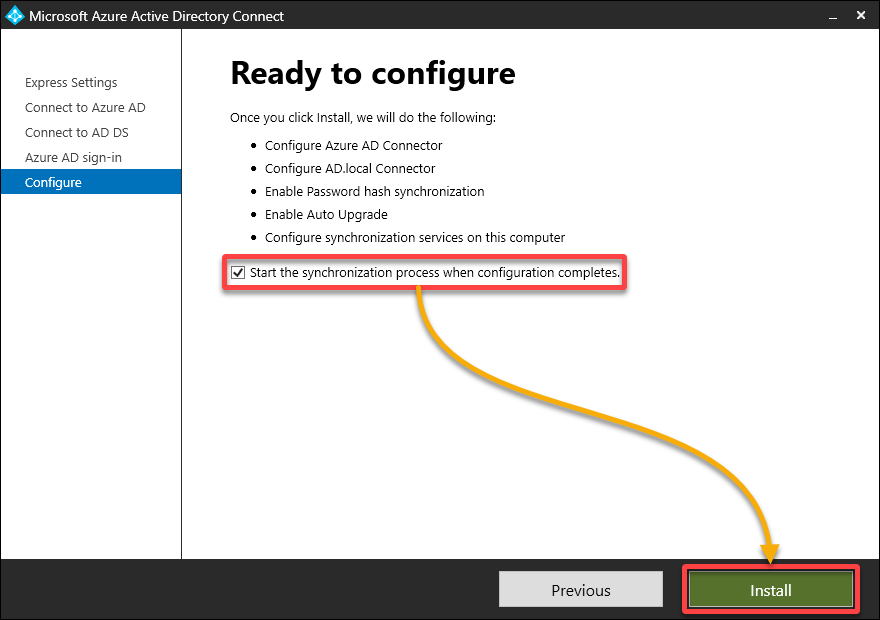 Installing the Azure AD Connect tool and synchronizing the AD users
