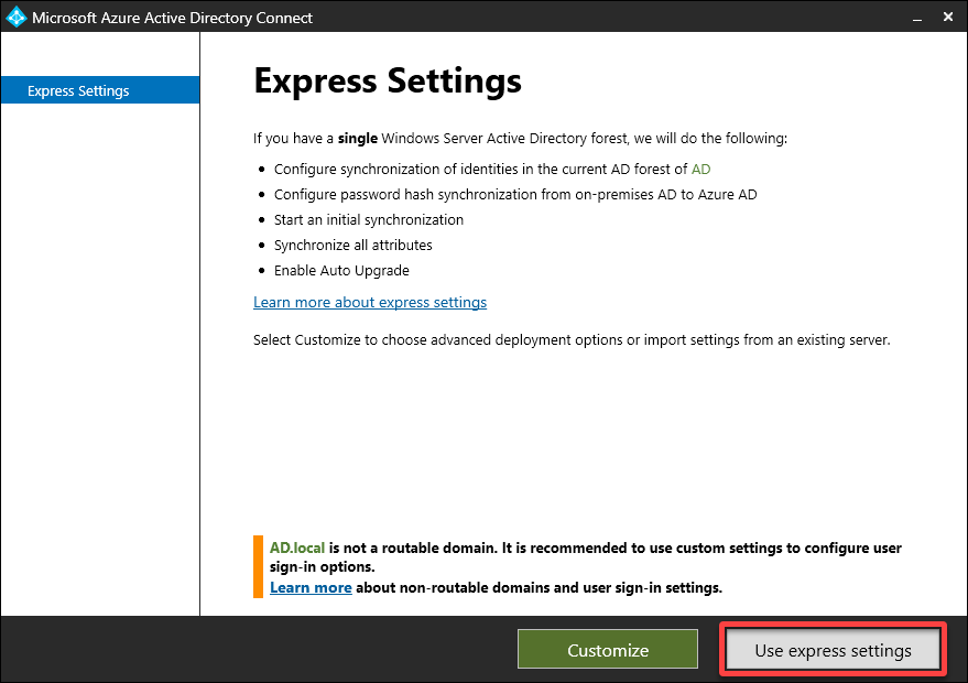 Selecting Azure AD connect tool express settings