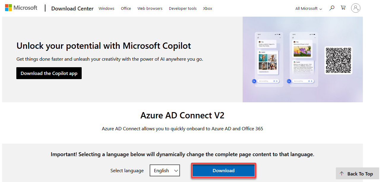 Downloading the Azure AD Connect tool