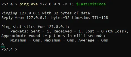 Running a successful ping and checking the exit code (0)